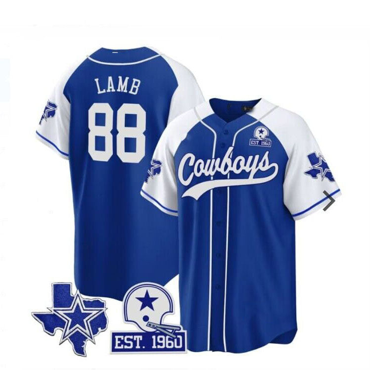 Cowboys #88 CeeDee Lamb Blue White Stitched Baseball Jersey - Main View