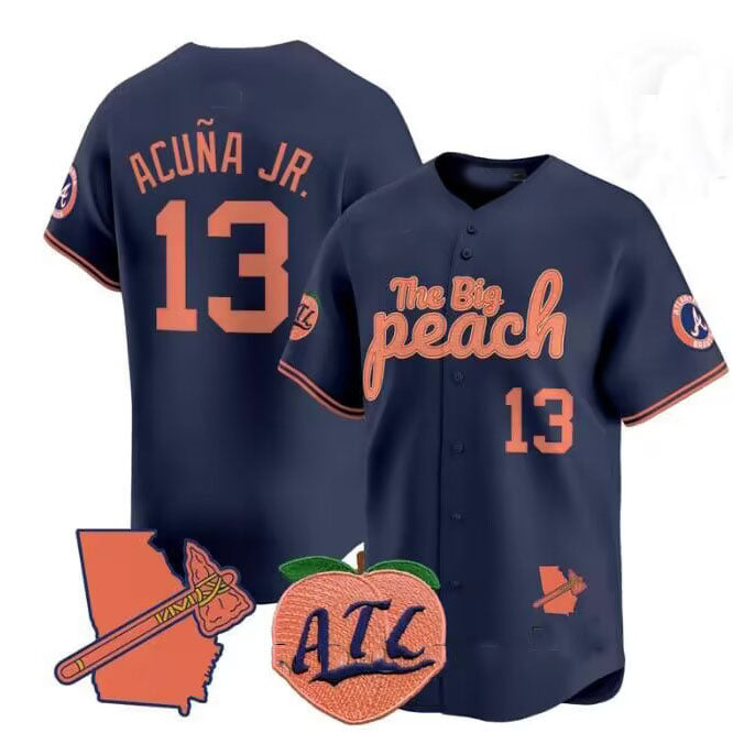 Atlanta Braves #13 Ronald Acuña Jr. NavyThe Big Peach Vapor Stitches Baseball Jersey - Main View