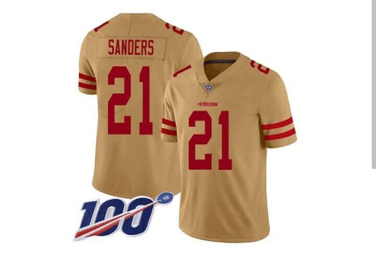 SF.49ers #21 Deion Sanders Gold 100th Inverted Legend Jersey Stitched American Football Jersey - Main View