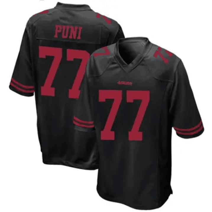 SF.49ers #77 Dominick Puni Black Scarlet Player Game Jersey Stitched American Football Jersey - Main View