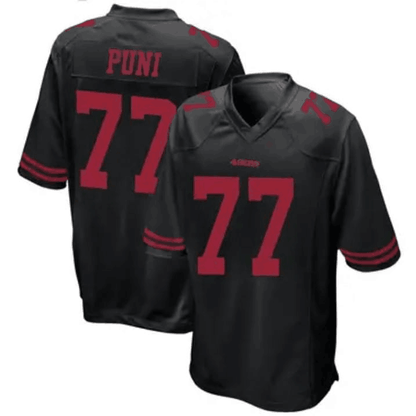 SF.49ers #77 Dominick Puni Black Scarlet Player Game Jersey Stitched American Football Jersey - Main View