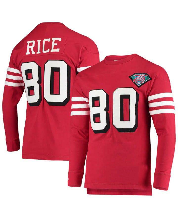 SF.49ers #80 Jerry Rice Mitchell & Ness Throwback Retired Player Name & Number Long Sleeve Top  Stitched American Football Jersey - Main View