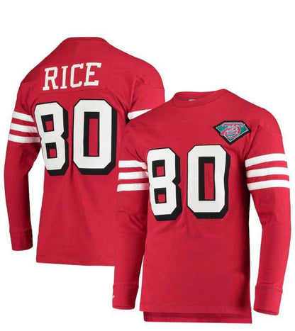 SF.49ers #80 Jerry Rice Mitchell & Ness Throwback Retired Player Name & Number Long Sleeve Top  Stitched American Football Jersey - Main View