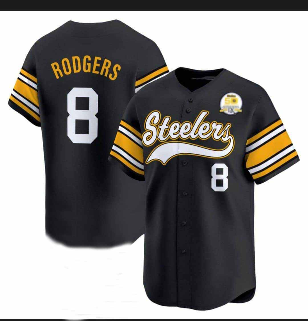 P.Steelers #8 Aaron Rodgers Black 50th Anniversary Patch Vapor Premier Baseball Jersey – All Stitched American Football Jerseys - Main View