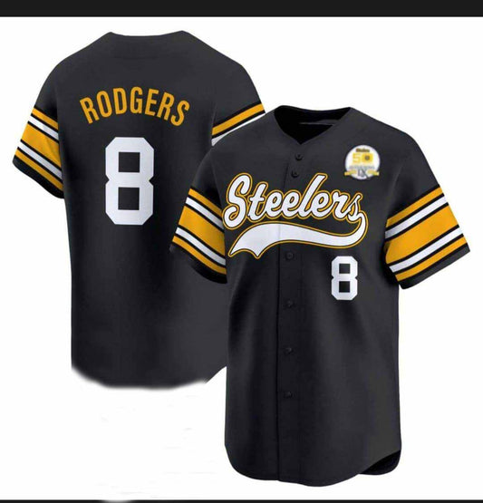 P.Steelers #8 Aaron Rodgers Black 50th Anniversary Patch Vapor Premier Baseball Jersey – All Stitched American Football Jerseys - Main View