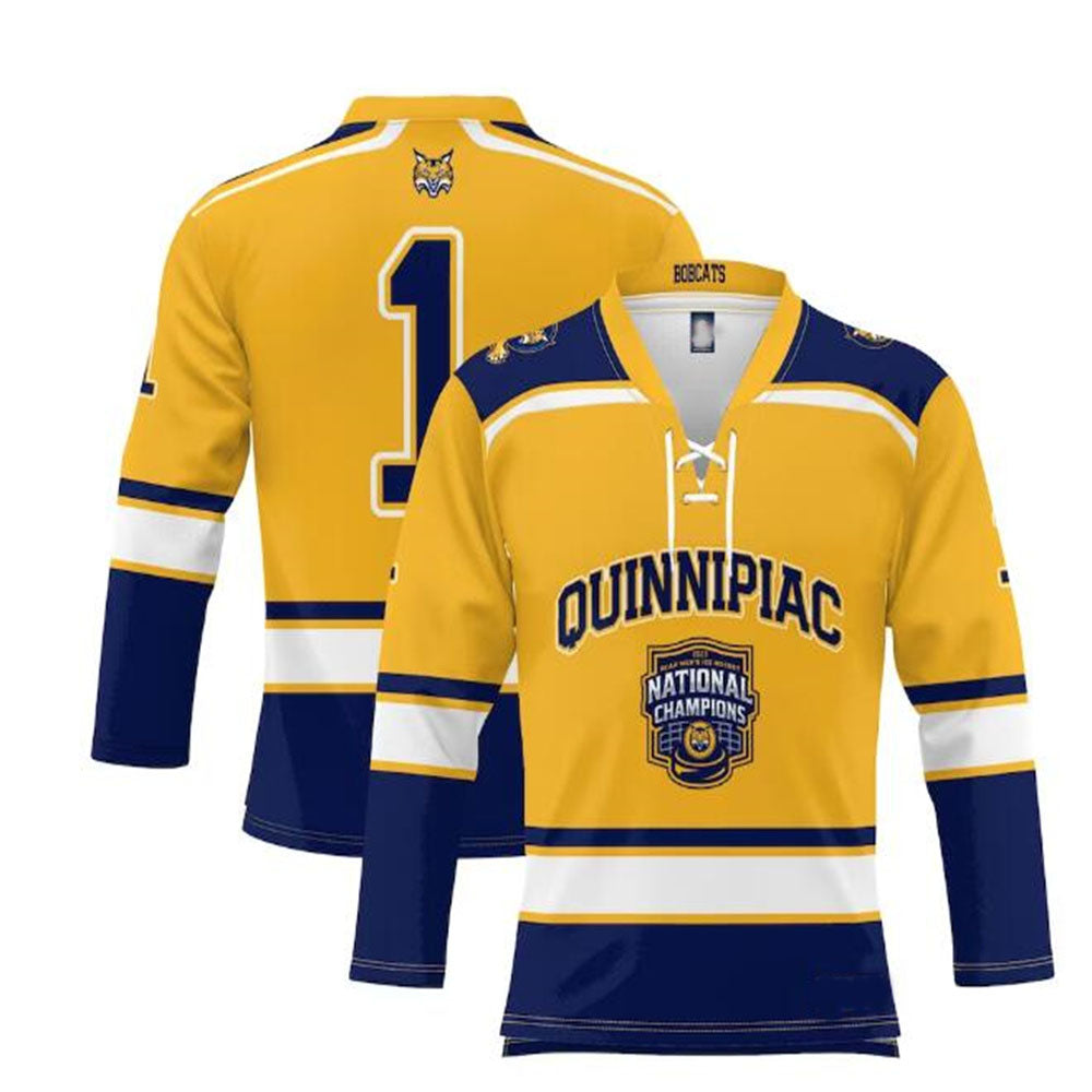 Q.Bobcats ProSphere 2023 Ice Hockey National Champions Hockey Jersey - Gold Stitched American College Jerseys - Main View