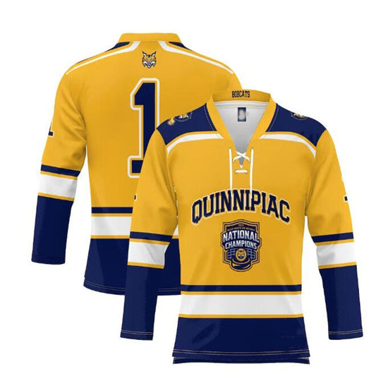 Q.Bobcats ProSphere 2023 Ice Hockey National Champions Hockey Jersey - Gold Stitched American College Jerseys - Main View