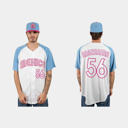 #56 RANDY AROZARENA MEXICO BASEBALL 2023 WORLD BASEBALL CLASSIC JERSEY ¨C WHITE BLUE Stitches Baseball Jerseys - Main View