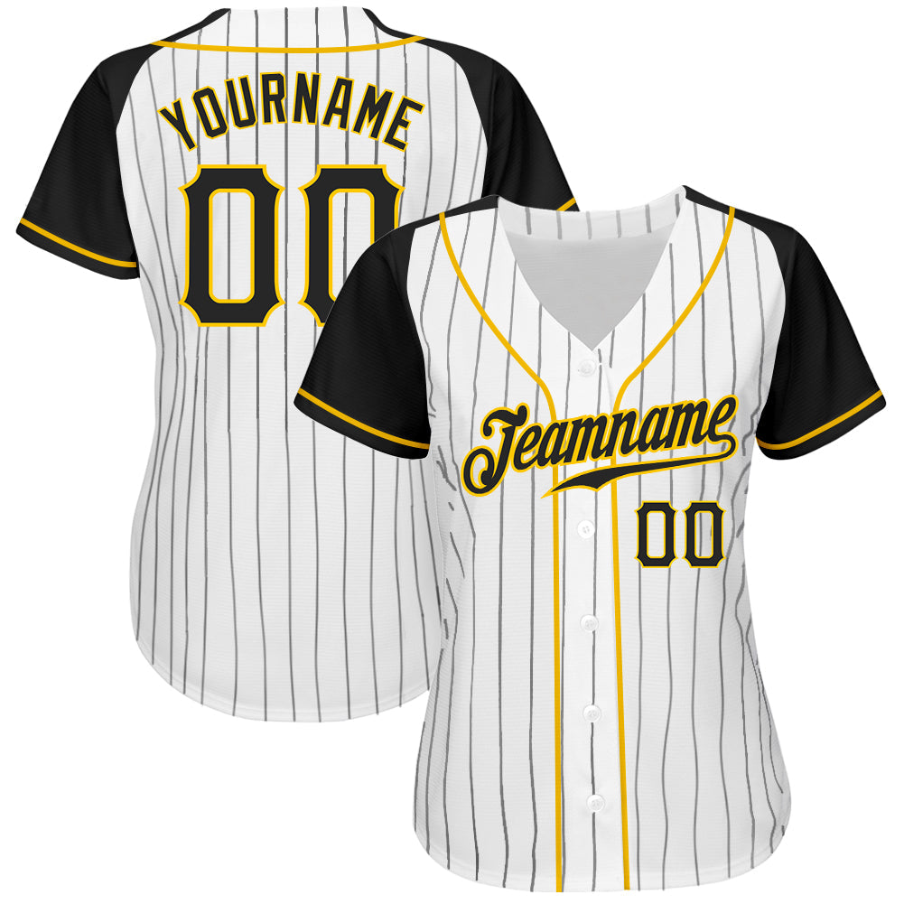Custom White Black Pinstripe Black-Gold Authentic Raglan Sleeves Baseball Jersey view 3