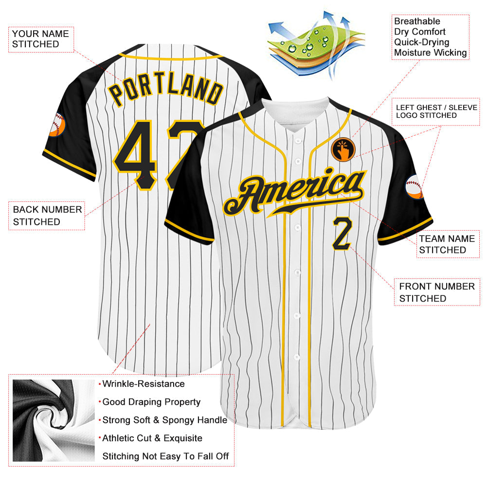Custom White Black Pinstripe Black-Gold Authentic Raglan Sleeves Baseball Jersey view 4