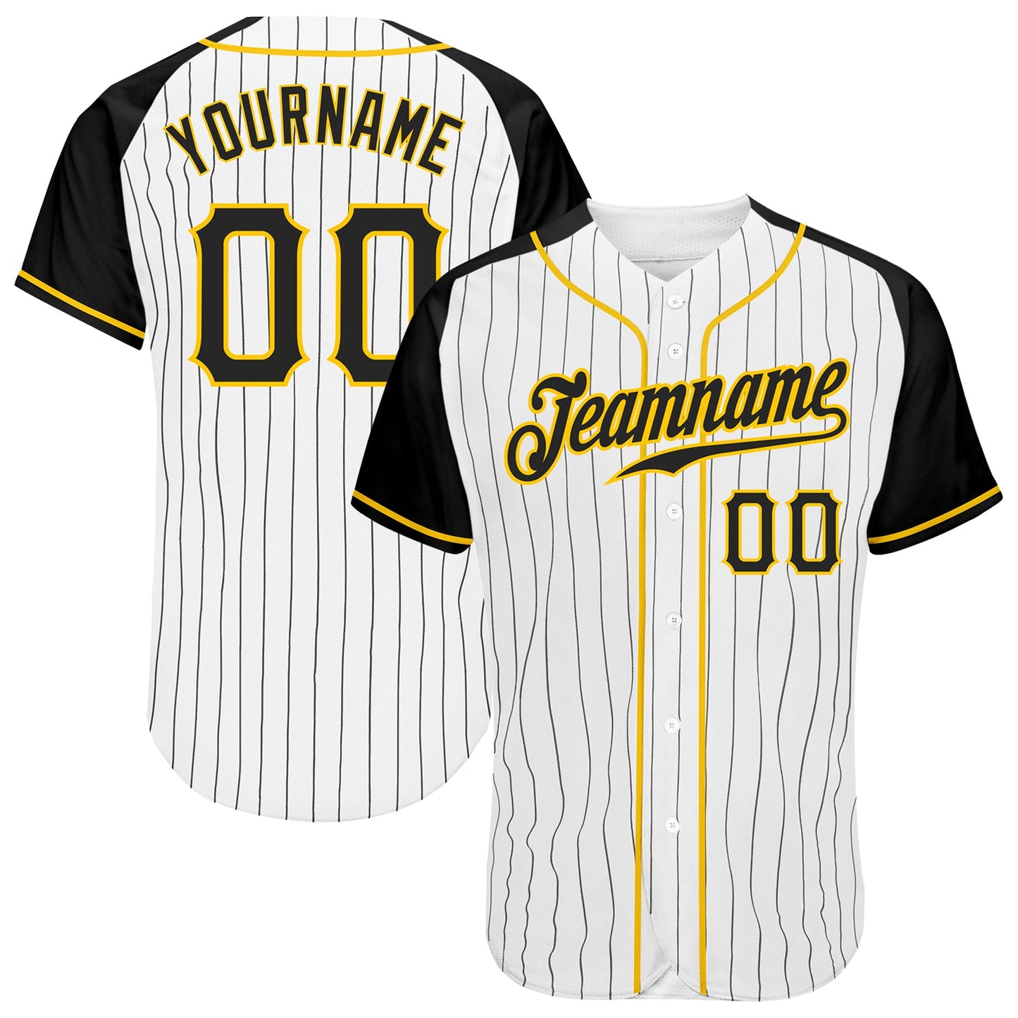 Custom White Black Pinstripe Black-Gold Authentic Raglan Sleeves Baseball Jersey - Main View