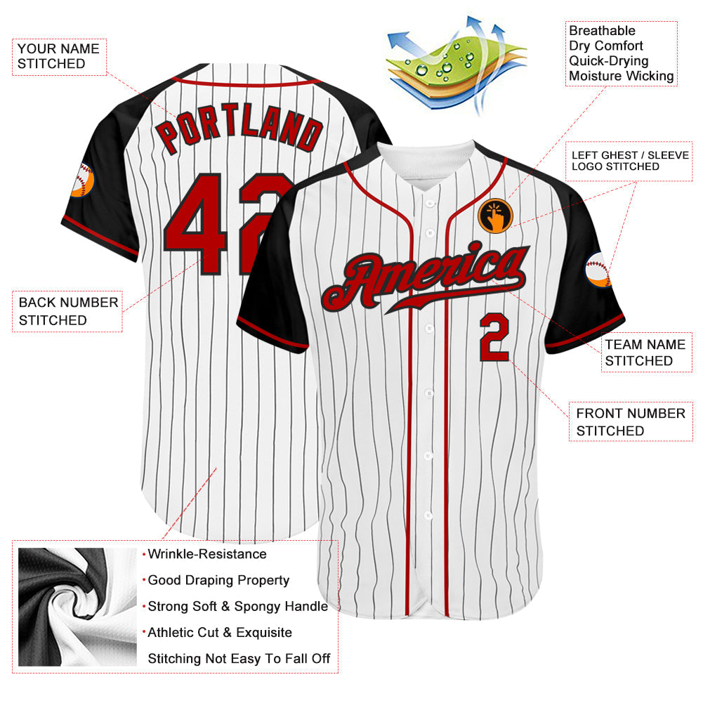 Custom White Black Pinstripe Red-Black Authentic Raglan Sleeves Baseball Jersey view 3