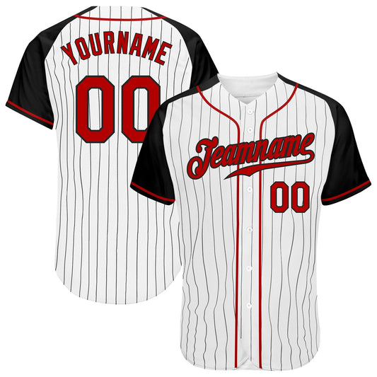 Custom White Black Pinstripe Red-Black Authentic Raglan Sleeves Baseball Jersey - Main View