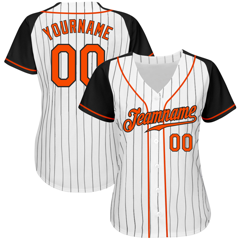 Custom White Black Pinstripe Orange-Black Authentic Raglan Sleeves Baseball Jersey view 3