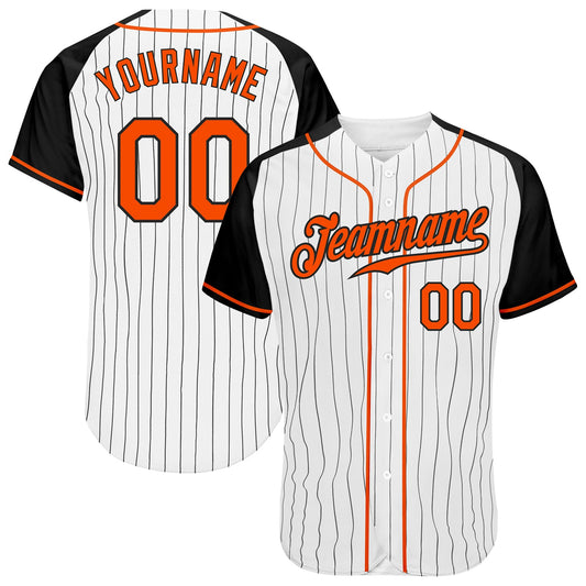 Custom White Black Pinstripe Orange-Black Authentic Raglan Sleeves Baseball Jersey - Main View
