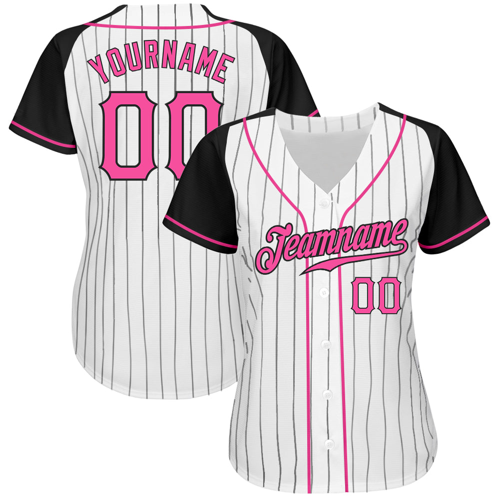 Custom White Black Pinstripe Pink-Black Authentic Raglan Sleeves Baseball Jersey view 2