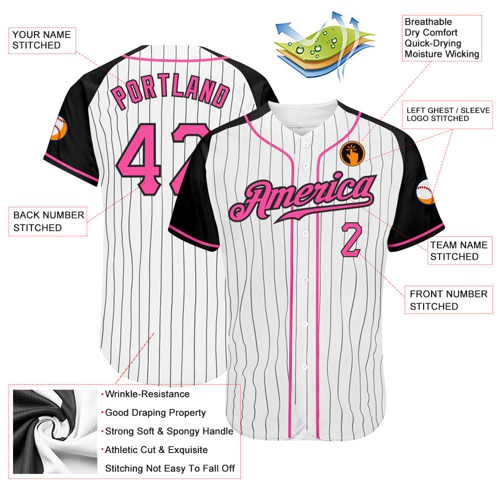 Custom White Black Pinstripe Pink-Black Authentic Raglan Sleeves Baseball Jersey view 3