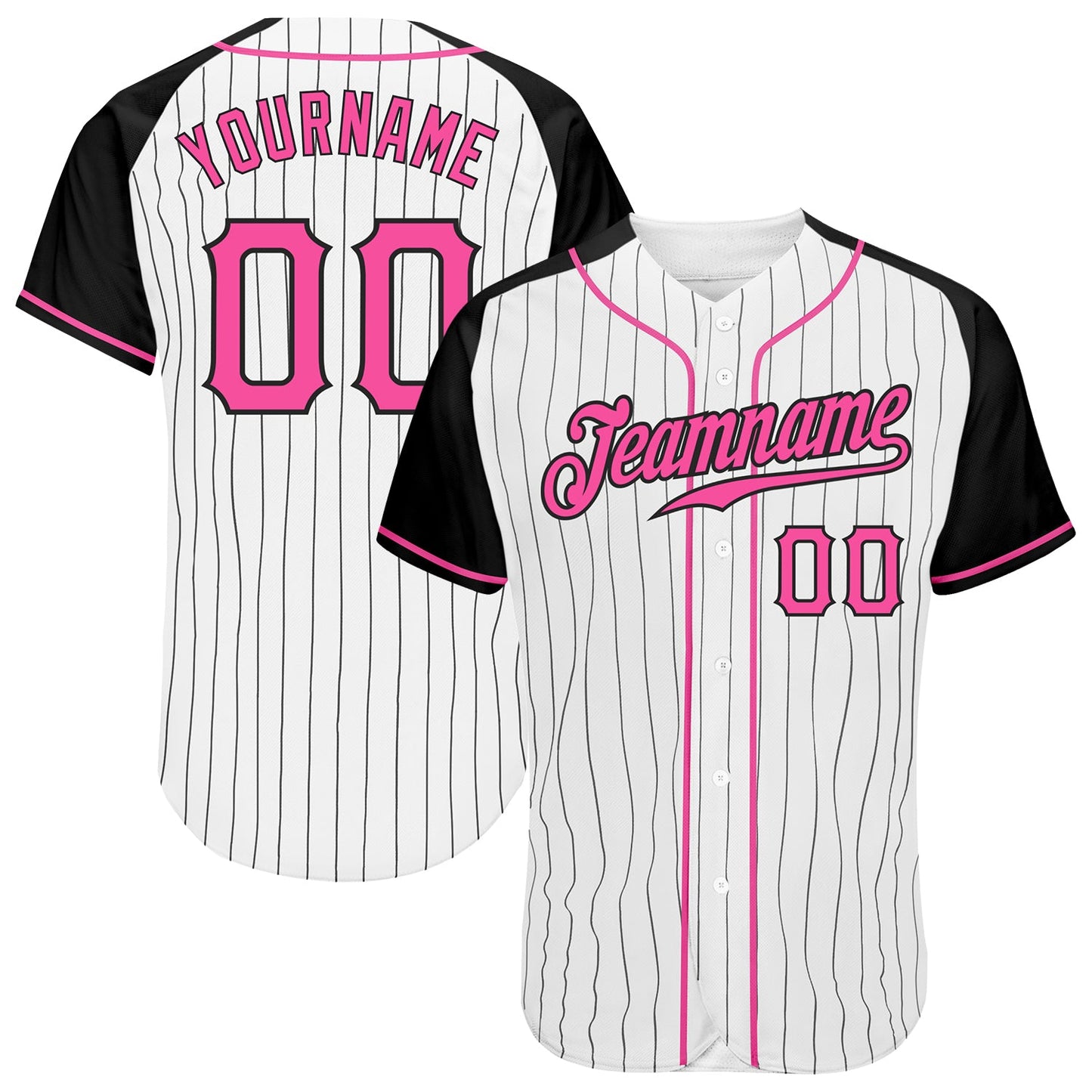 Custom White Black Pinstripe Pink-Black Authentic Raglan Sleeves Baseball Jersey - Main View