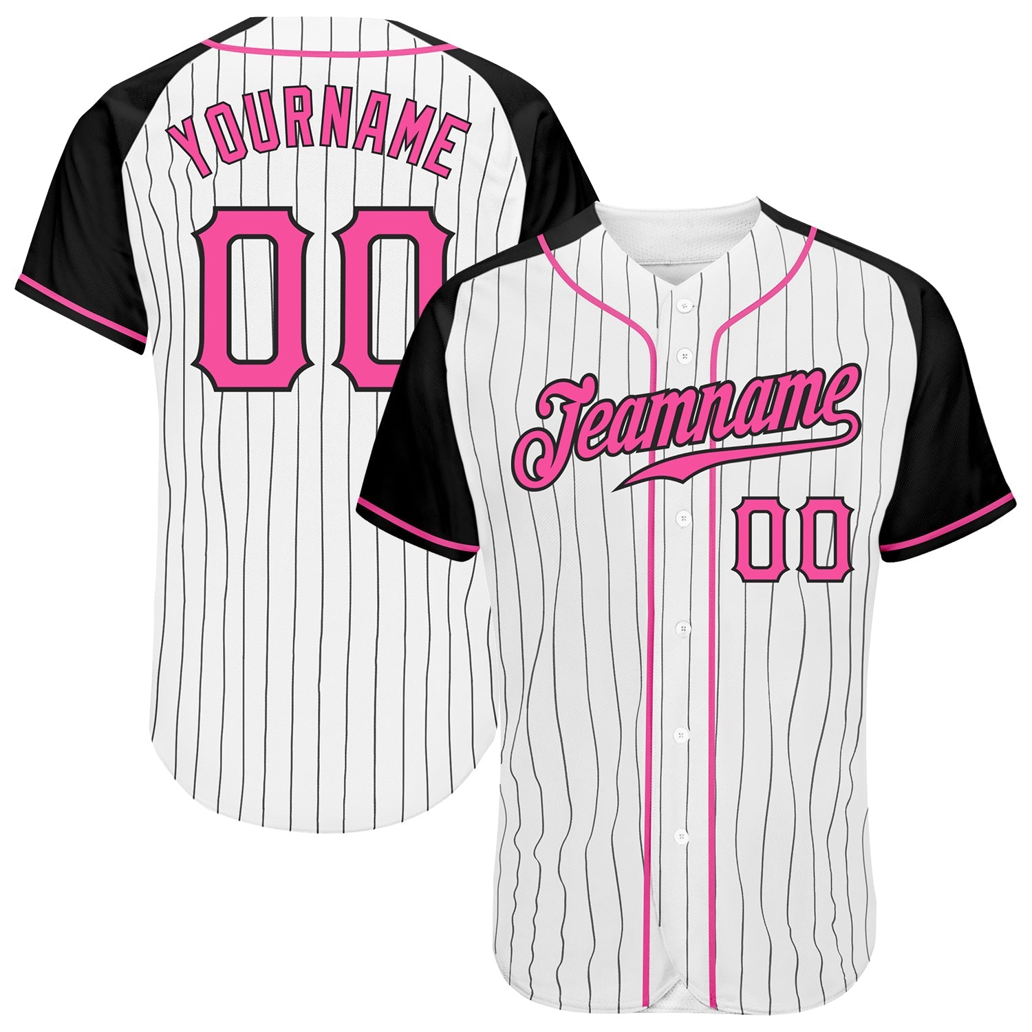Custom White Black Pinstripe Pink-Black Authentic Raglan Sleeves Baseball Jersey - Main View