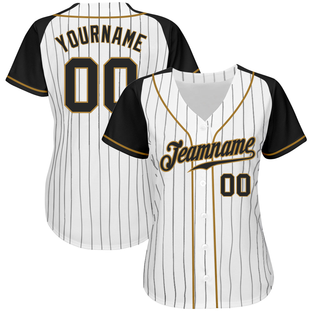 Custom White Black Pinstripe Black-Old Gold Authentic Raglan Sleeves Baseball Jersey view 2
