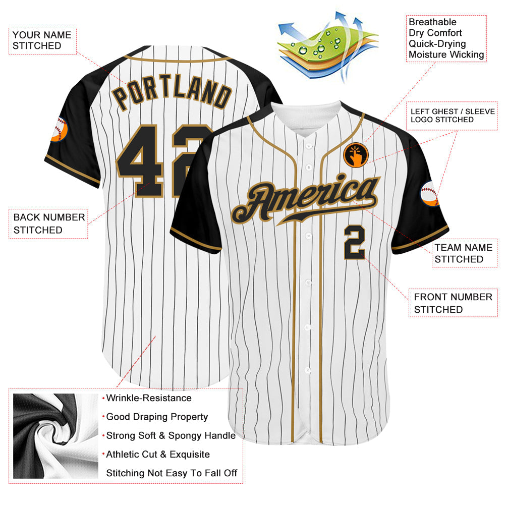 Custom White Black Pinstripe Black-Old Gold Authentic Raglan Sleeves Baseball Jersey view 3
