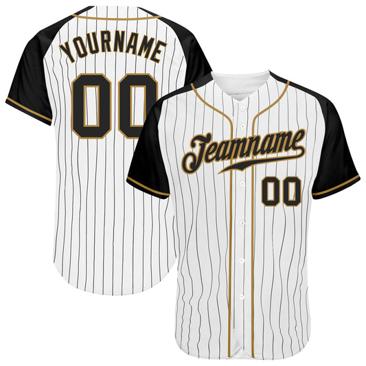 Custom White Black Pinstripe Black-Old Gold Authentic Raglan Sleeves Baseball Jersey - Main View