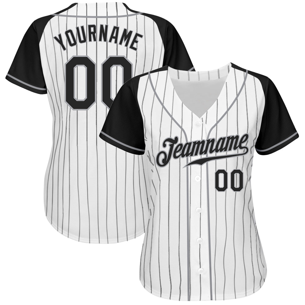 Custom White Black Pinstripe Black-Gray Authentic Raglan Sleeves Baseball Jersey view 2