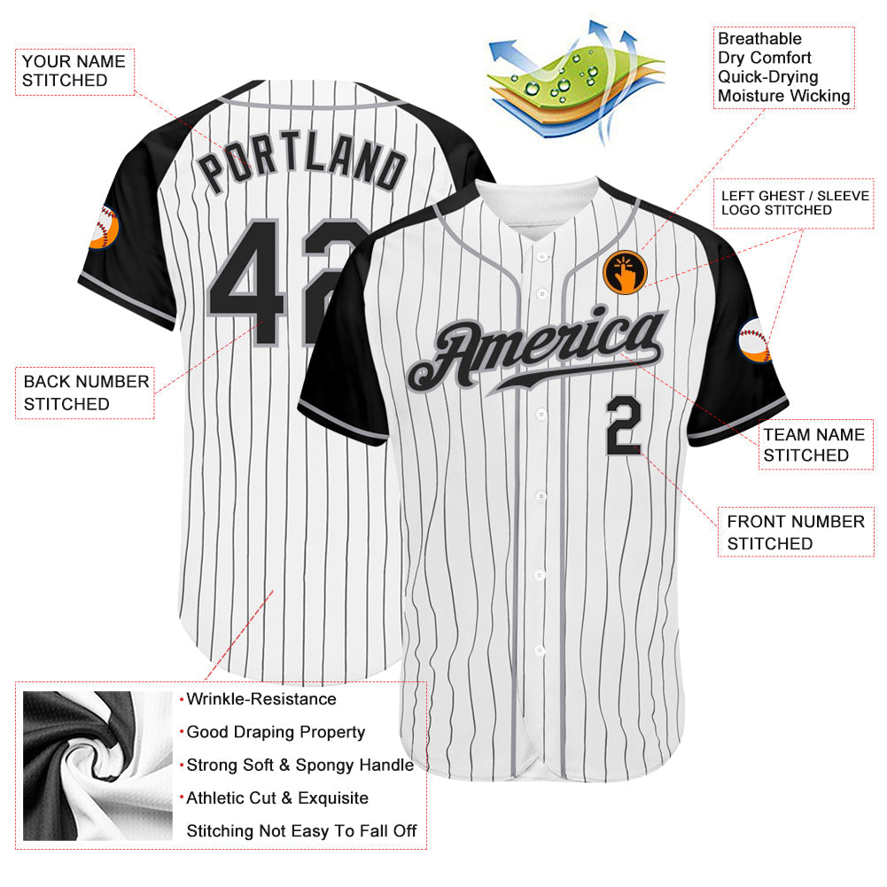 Custom White Black Pinstripe Black-Gray Authentic Raglan Sleeves Baseball Jersey view 3