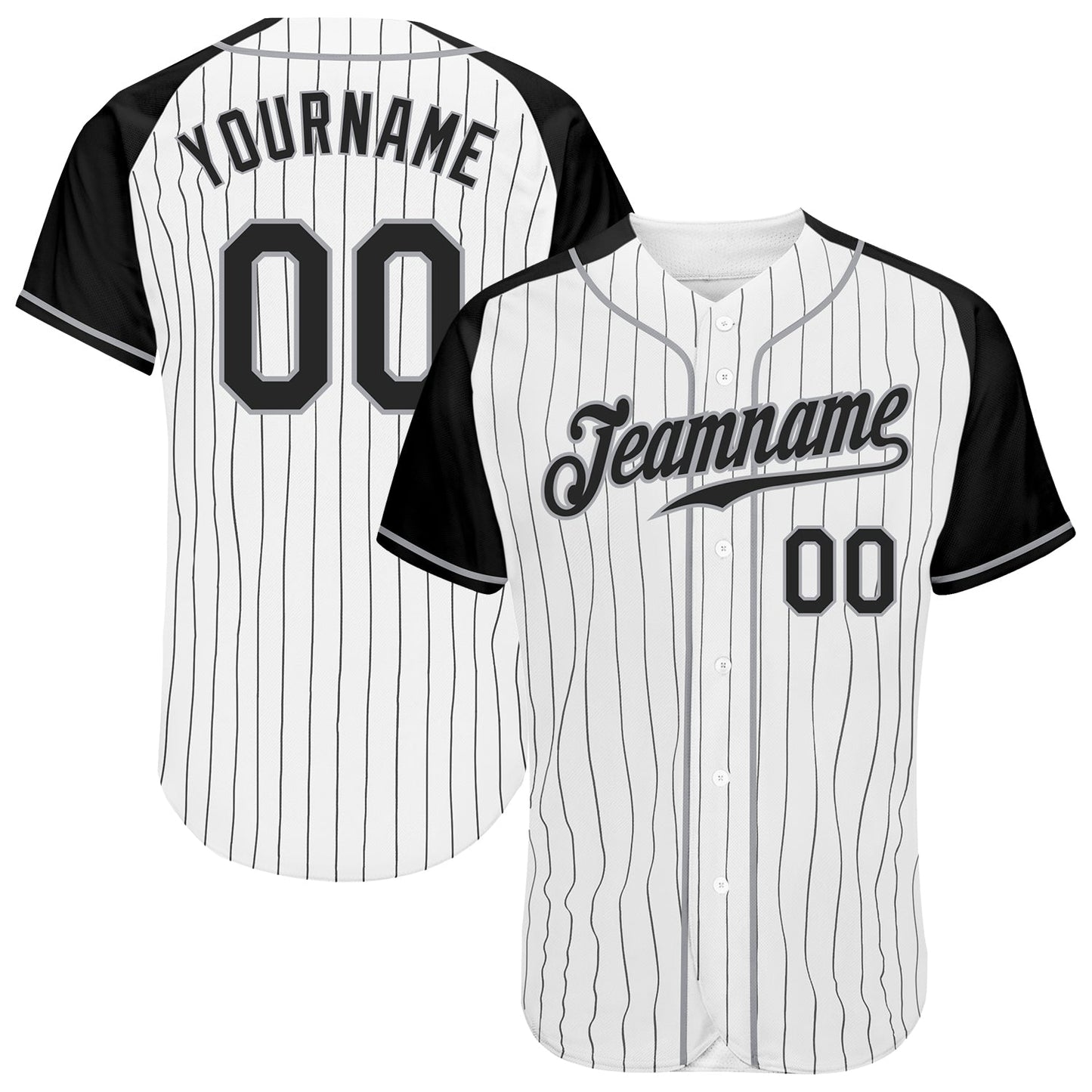 Custom White Black Pinstripe Black-Gray Authentic Raglan Sleeves Baseball Jersey - Main View