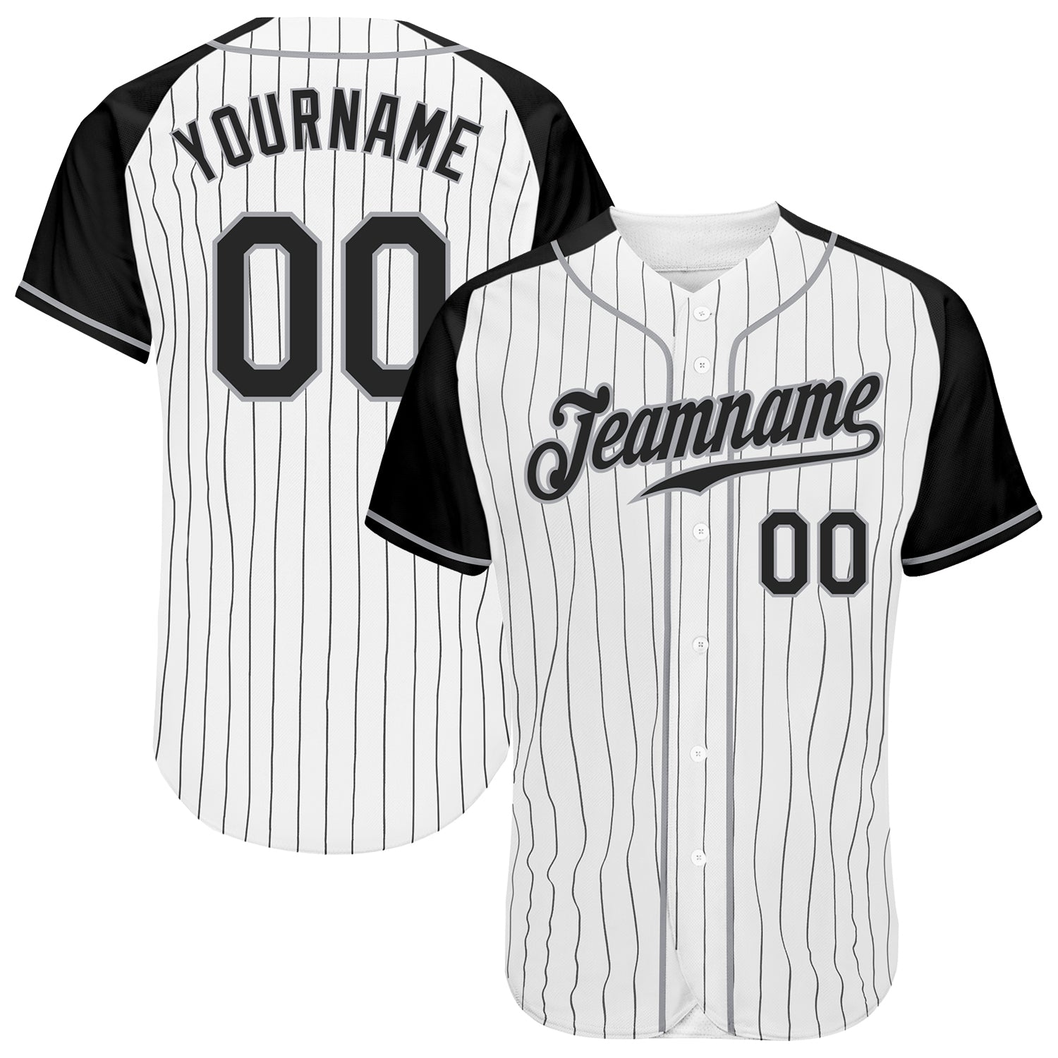 Custom White Black Pinstripe Black-Gray Authentic Raglan Sleeves Baseball Jersey - Main View