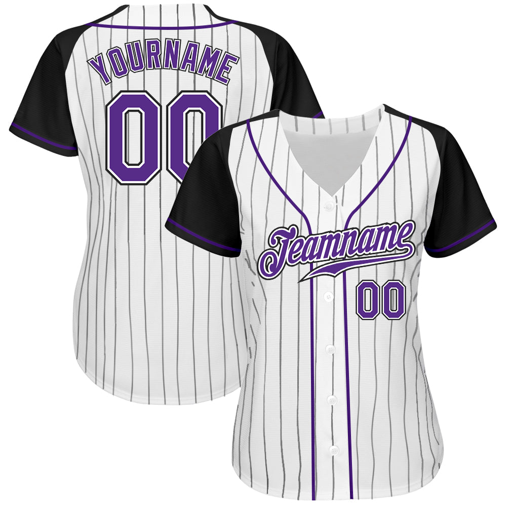 Custom White Black Pinstripe Purple-Black Authentic Raglan Sleeves Baseball Jersey view 2