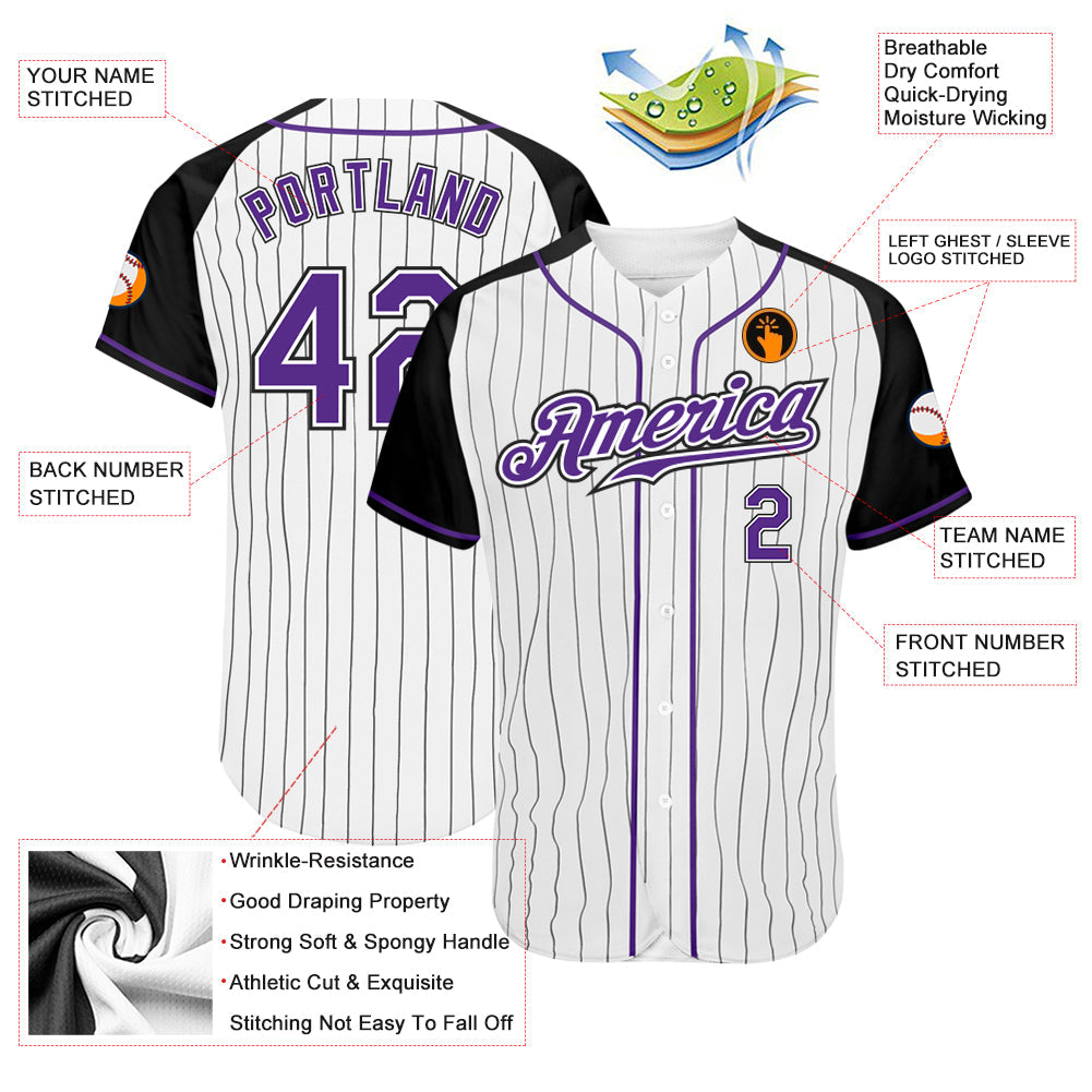 Custom White Black Pinstripe Purple-Black Authentic Raglan Sleeves Baseball Jersey view 3