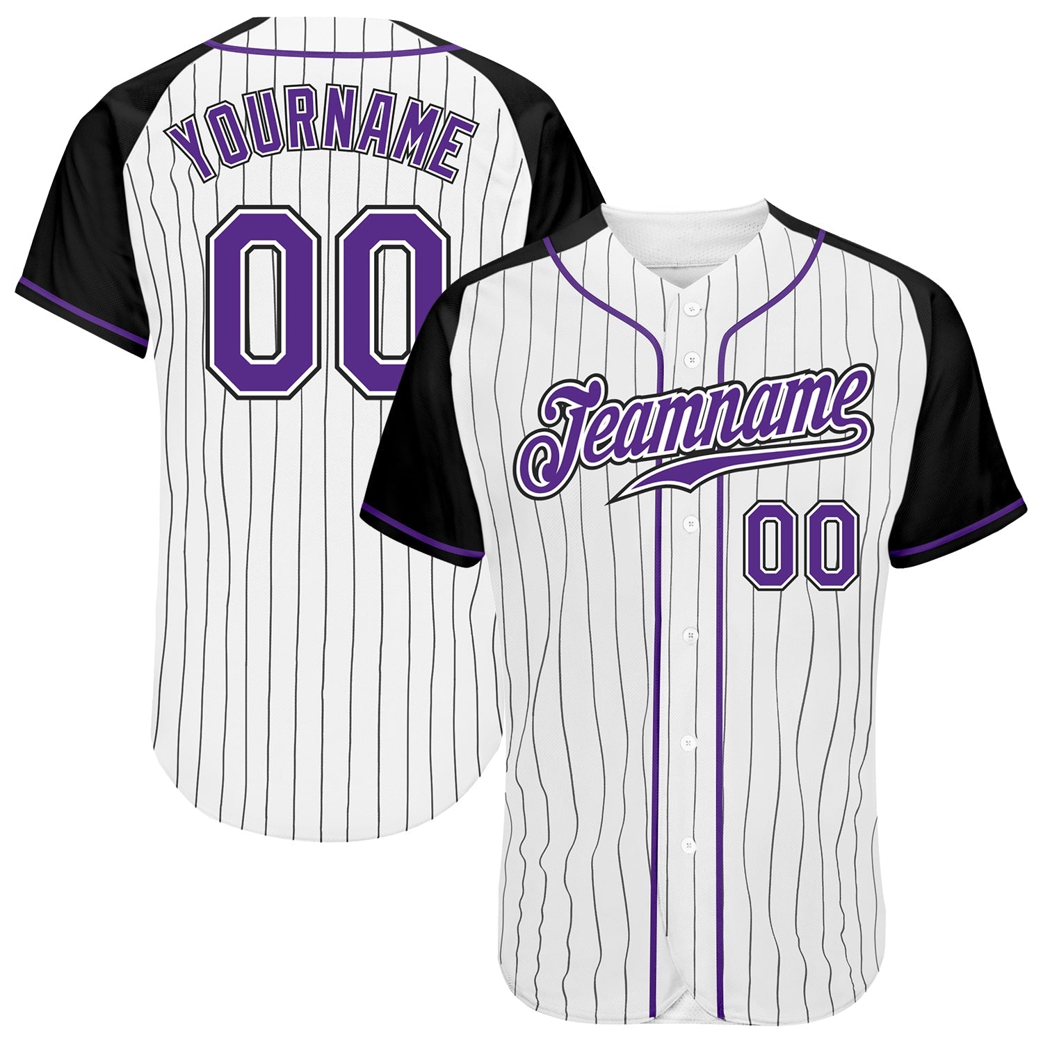 Custom White Black Pinstripe Purple-Black Authentic Raglan Sleeves Baseball Jersey - Main View