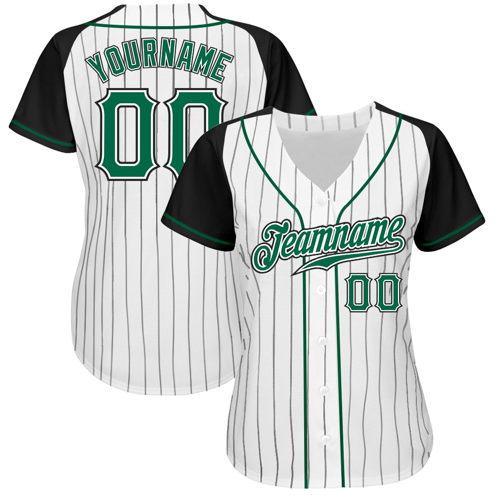 Custom White Black Pinstripe Kelly Green-Black Authentic Raglan Sleeves Baseball Jersey view 2
