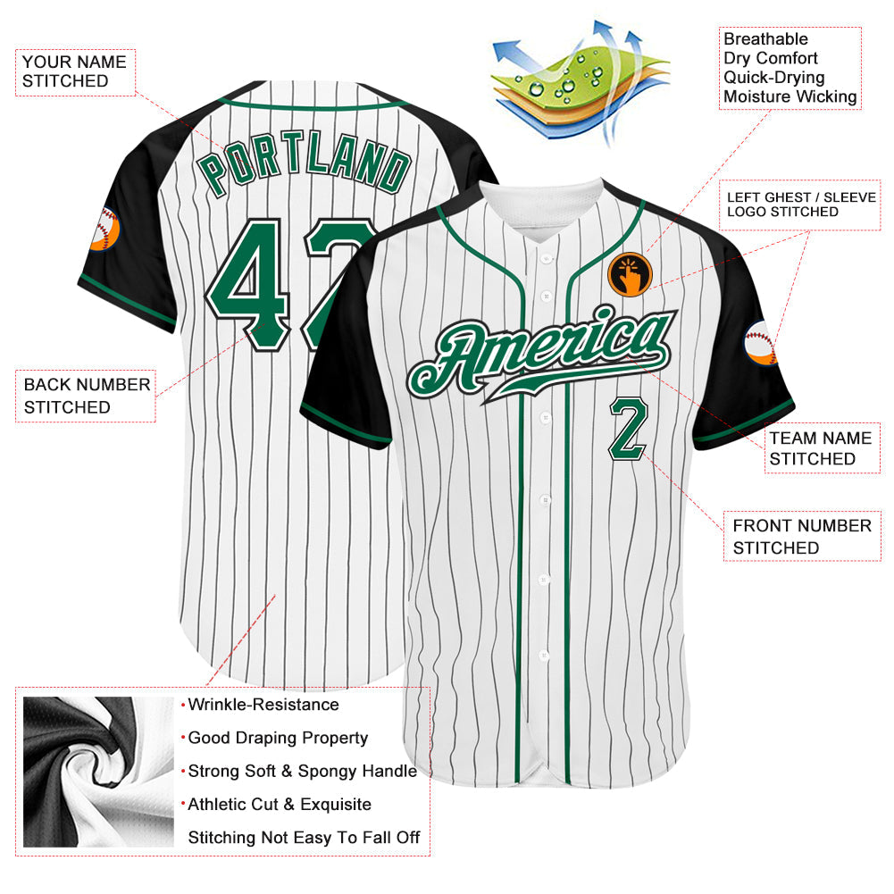 Custom White Black Pinstripe Kelly Green-Black Authentic Raglan Sleeves Baseball Jersey view 3