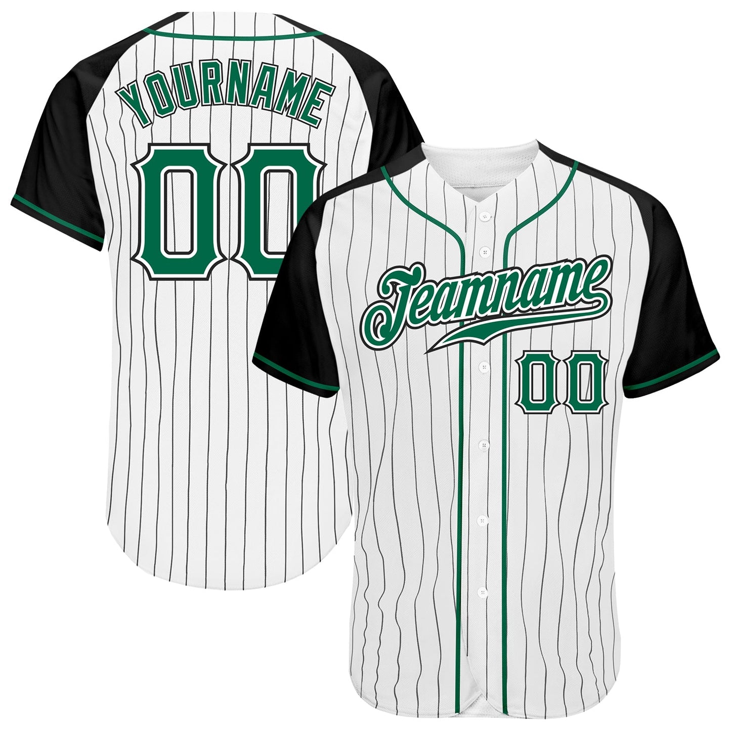 Custom White Black Pinstripe Kelly Green-Black Authentic Raglan Sleeves Baseball Jersey - Main View