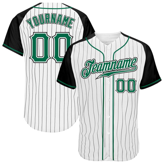 Custom White Black Pinstripe Kelly Green-Black Authentic Raglan Sleeves Baseball Jersey - Main View