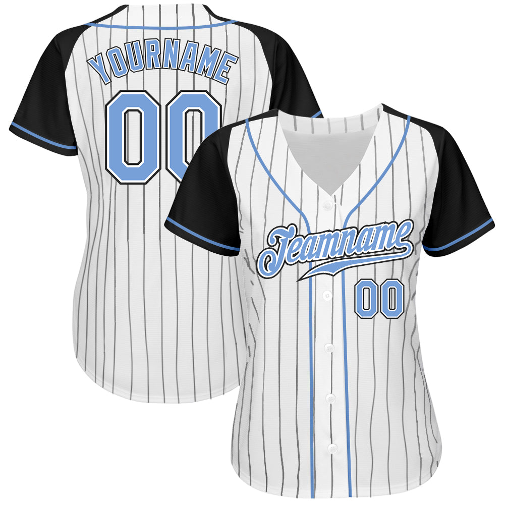 Custom White Black Pinstripe Light Blue-Black Authentic Raglan Sleeves Baseball Jersey view 2