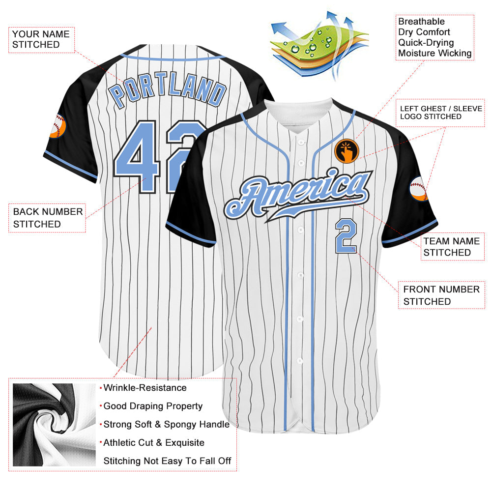 Custom White Black Pinstripe Light Blue-Black Authentic Raglan Sleeves Baseball Jersey view 3