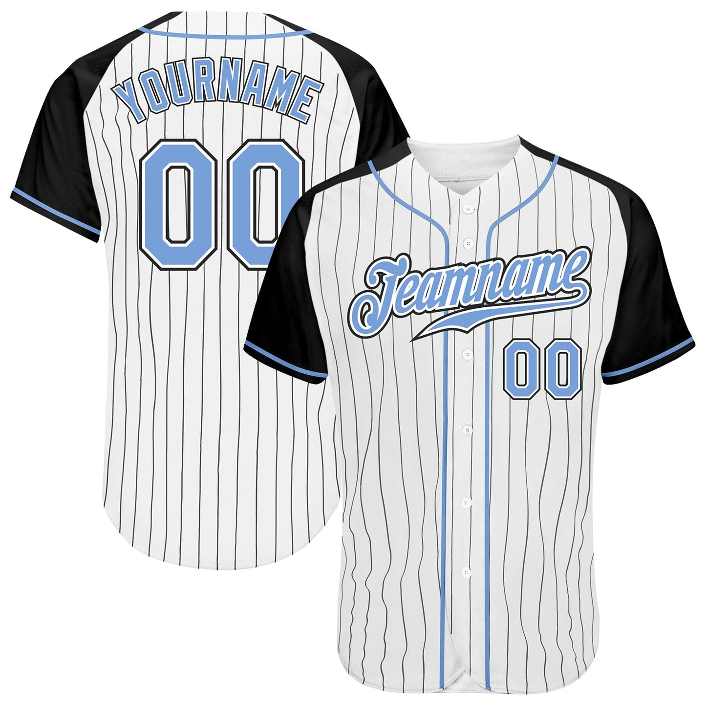 Custom White Black Pinstripe Light Blue-Black Authentic Raglan Sleeves Baseball Jersey - Main View