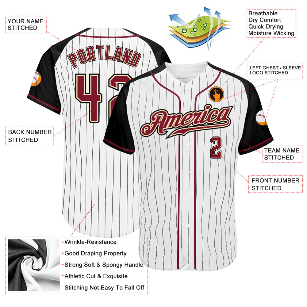 Custom White Black Pinstripe Crimson-Black Authentic Raglan Sleeves Baseball Jersey view 3