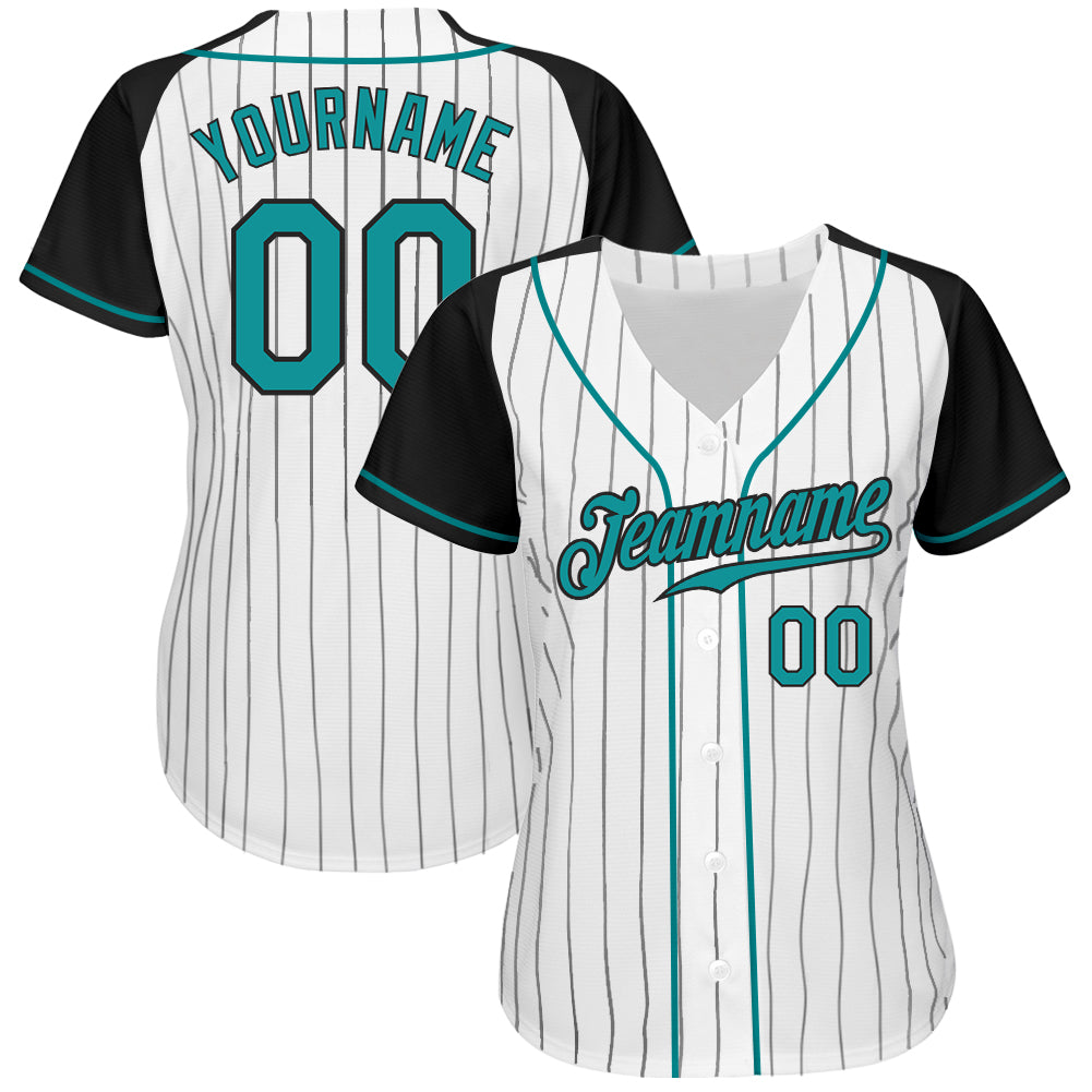 Custom White Black Pinstripe Teal-Black Authentic Raglan Sleeves Baseball Jersey view 2