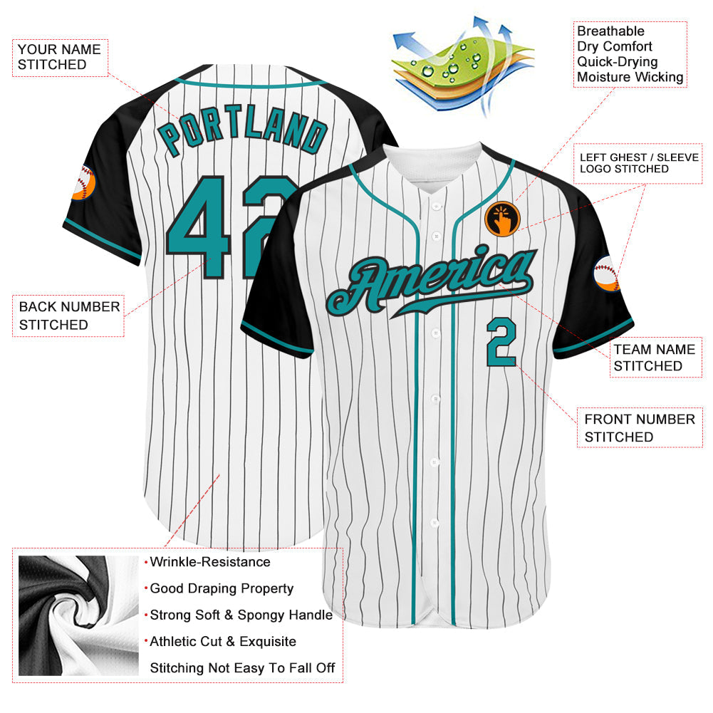 Custom White Black Pinstripe Teal-Black Authentic Raglan Sleeves Baseball Jersey view 3