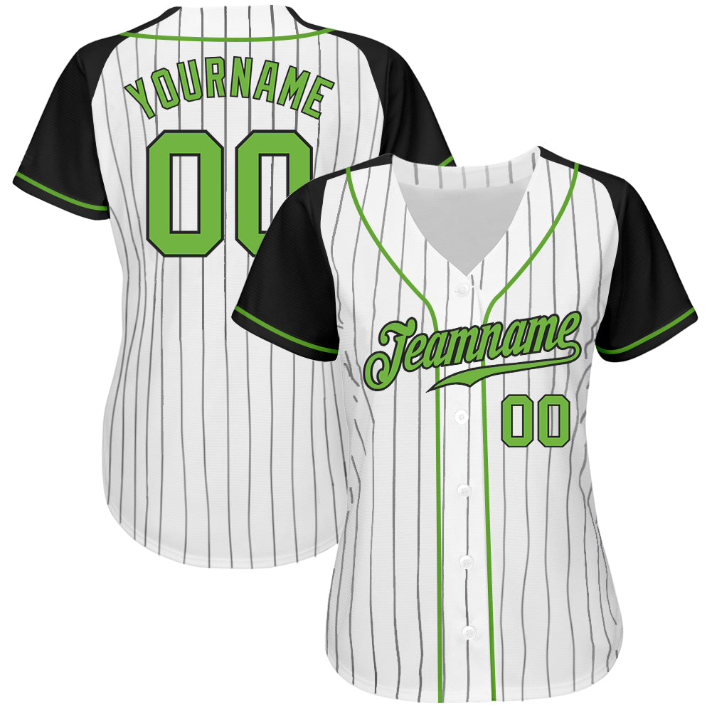 Custom White Black Pinstripe Neon Green-Black Authentic Raglan Sleeves Baseball Jersey view 2