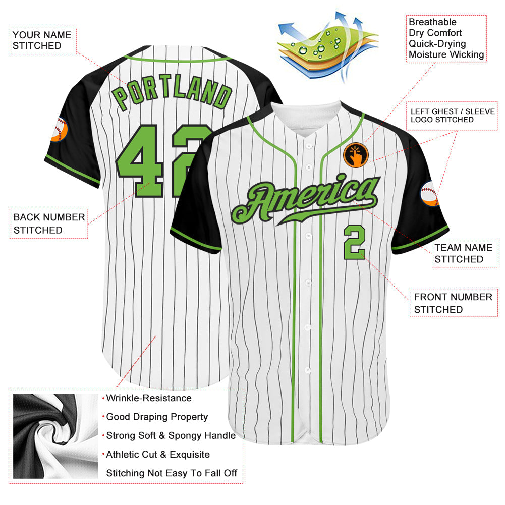Custom White Black Pinstripe Neon Green-Black Authentic Raglan Sleeves Baseball Jersey view 3