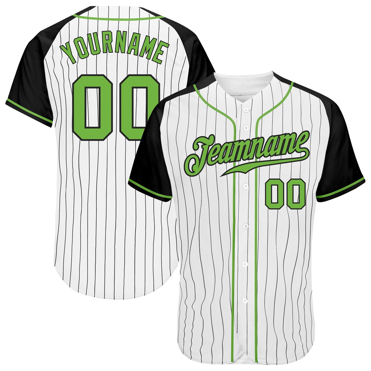 Custom White Black Pinstripe Neon Green-Black Authentic Raglan Sleeves Baseball Jersey - Main View