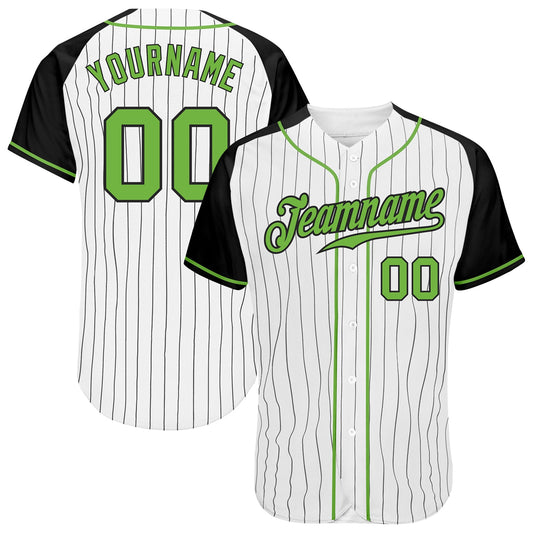 Custom White Black Pinstripe Neon Green-Black Authentic Raglan Sleeves Baseball Jersey - Main View