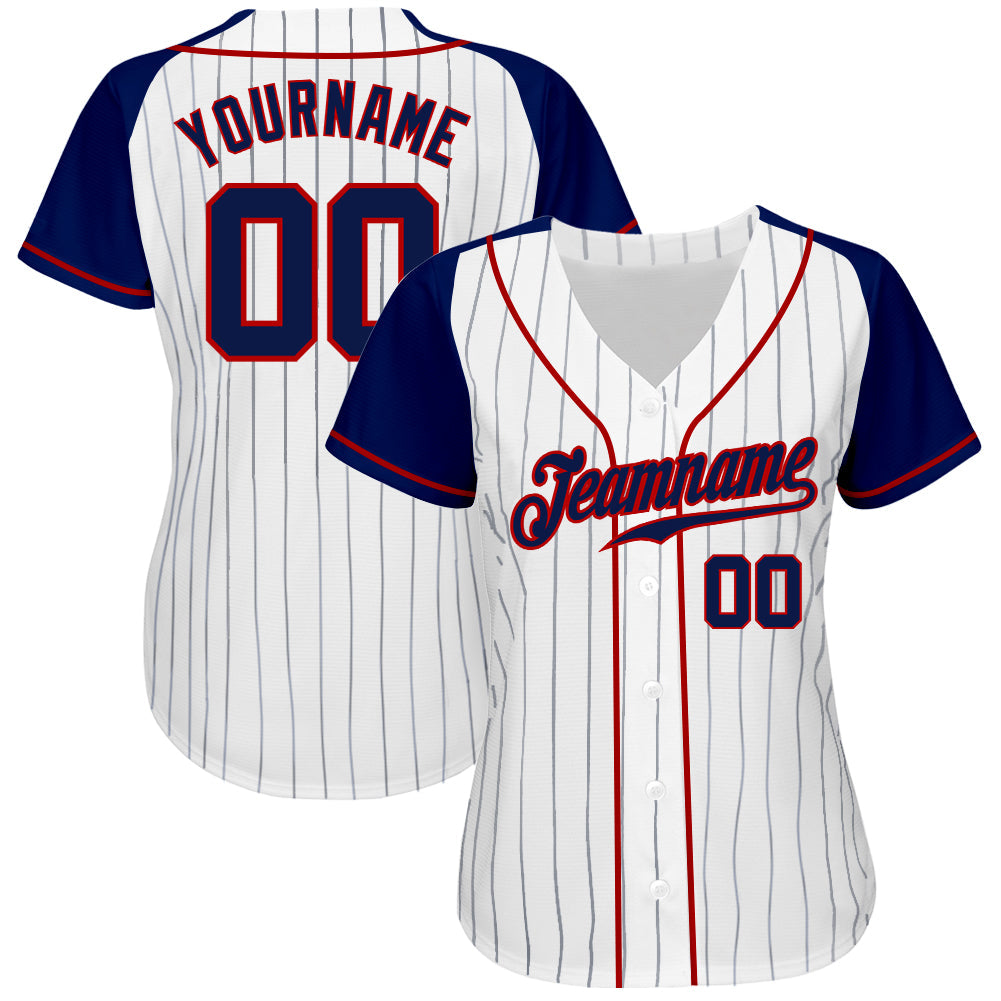 Custom White Navy Pinstripe Navy-Red Authentic Raglan Sleeves Baseball Jersey view 3