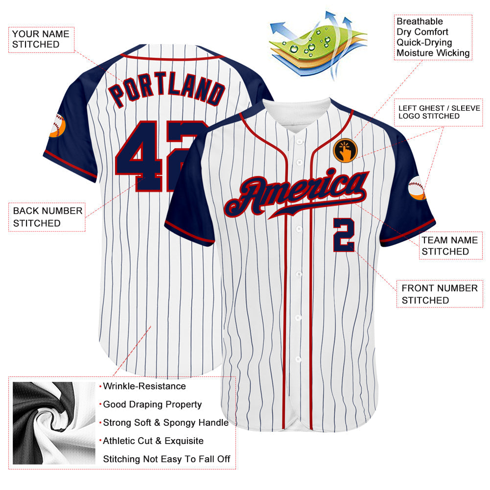 Custom White Navy Pinstripe Navy-Red Authentic Raglan Sleeves Baseball Jersey view 4
