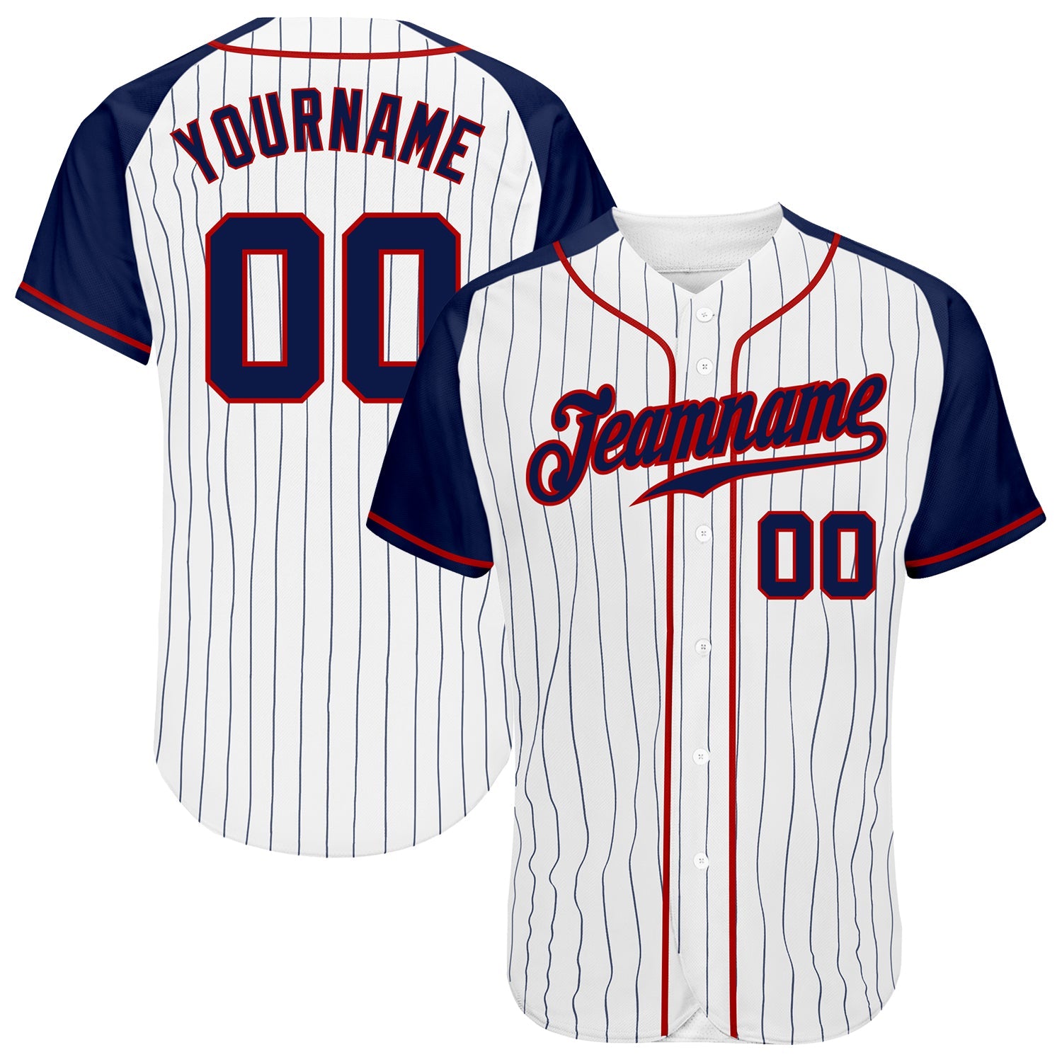 Custom White Navy Pinstripe Navy-Red Authentic Raglan Sleeves Baseball Jersey - Main View